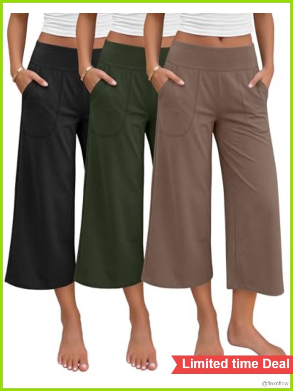 3 Pack Women's Wide Leg Yoga Capris Pants with Pockets Stretchy Cotton Blend
